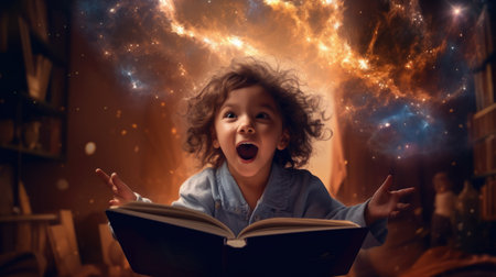 Girl excited with an opened magical book with wave of astral magical elements flowing out. Generative AI image weber.の素材
