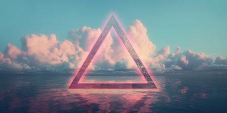 A triangle shaped empty frame neon cloud on water, in the style of vintage aesthetics. Generative AI image weber.の素材