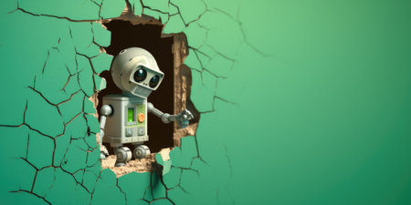Cute robot toy peeking out of a hole in wall, torn hole, empty copy space frame, mockup. Generative AI image weber.の素材
