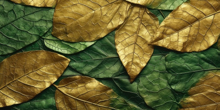Dry Gold Green leaves Surface textured background, realism, realistic, hyper realistic. Generative AI image weber.の素材