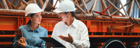 Factory manager inspecting industrial steel machinery and overseeing while supervising and enhancing...