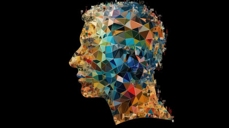 Abstract human head made of unsolved puzzle pieces, maximalism, psychology, brain, neurosis, compulsive. Generative AI image weber.の素材