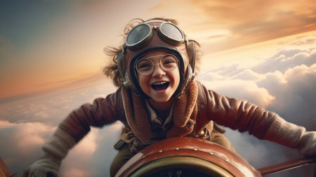 Aviator Girl, excited, flying above clouds in the sky. Generative AI image weber.の素材