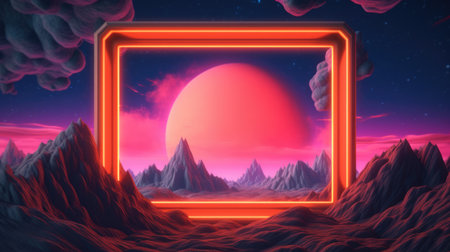 Glowing neon rectangle frame over abstract landscape. Generative AI image weber.の素材