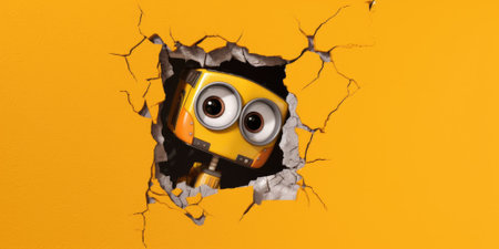 Cute robot toy peeking out of a hole in wall, torn hole, empty copy space frame, mockup. Generative AI image weber.の素材