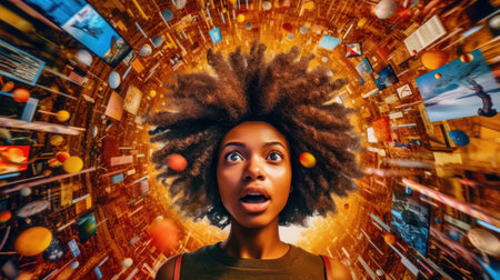 Overwhelming information data explode out of head of young human brain, too much media, too much information, maximalism, news, social media addiction. Generative AI image weber.の素材