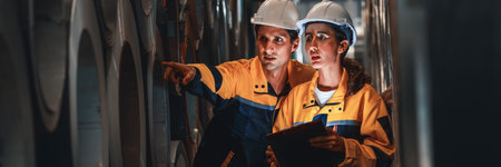 Warehouse inventory management in metalwork factory with engineer conduct storage check and quality control assessment on cylinder rolled metal for civil engineering project. Panorama Exemplifyingの写真素材