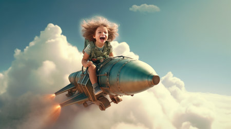 A Girl, excited, flying the rocket above clouds in the sky. Generative AI image weber.の素材