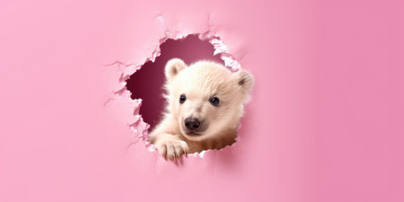 Cute Bear peeking out of a hole in wall, torn hole, empty copy space frame, mockup. Generative AI image weber.の素材