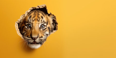 Cute Tiger peeking out of a hole in wall, torn hole, empty copy space frame, mockup. Generative AI image weber.の素材