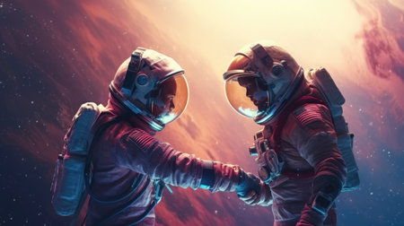 Astronaut couple holding each others hands on space sky background, imagination of love passion fantasy. Generative AI image weber.の素材