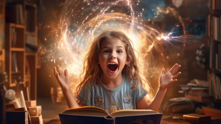 Girl excited with an opened magical book with wave of astral magical elements flowing out. Generative AI image weber.の素材
