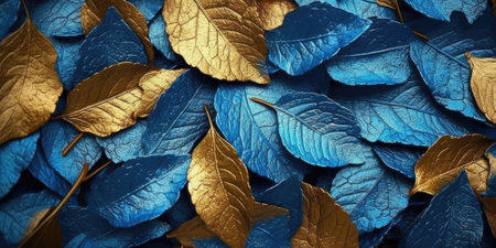 Dry Gold Blue leaves Surface textured background, realism, realistic, hyper realistic. Generative AI image weber.の素材