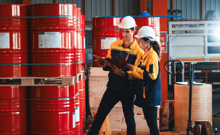 Two factory workers or inventory inspector conduct professional inspection on hazardous chemical barrels in warehouse, chemistry storage workplace and industrial profession concept. Exemplifyingの写真素材