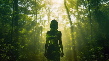 Woman in Yoga Full Body Backlit Pose in the Forrest. Generative AI image weber.の素材