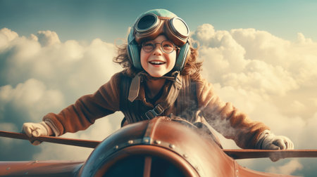 Aviator Girl, excited, flying above clouds in the sky. Generative AI image weber.の素材