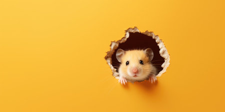 Cute Hamster peeking out of a hole in wall, torn hole, empty copy space frame, mockup. Generative AI image weber.の素材