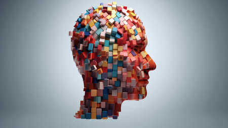Abstract human head made of puzzle, psychology, brain, neurosis, compulsive. Generative AI image weber.の素材