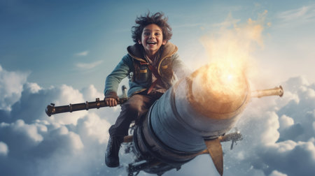 A boy, excited, flying the rocket above clouds in the sky. Generative AI image weber.の素材