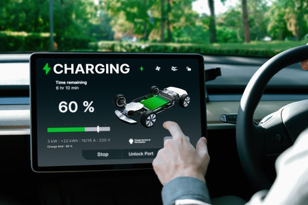 Electric car driver checks battery charging status, range and charging limit on app screen in the...