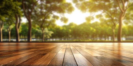 wooden floor and blurred tree forest on behing background. Generative AI image weber.の素材