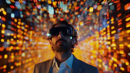 Businessman wearing virtual reality with digital big data transfer from brain to buzzy software showing futuristic technology generative AI imageの素材