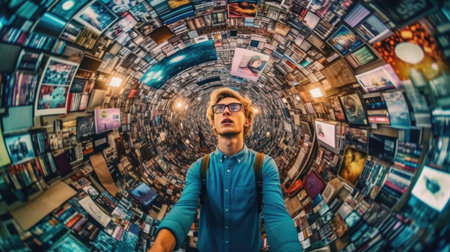 Overwhelming information data explode out of head of young human brain, too much media, too much information, maximalism, news, social media addiction. Generative AI image weber.の素材