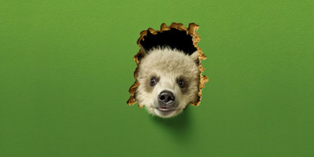 Cute Bear peeking out of a hole in wall, torn hole, empty copy space frame, mockup. Generative AI image weber.の素材
