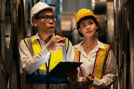Warehouse inventory management in metalwork factory with engineer or inspector conduct storage check...