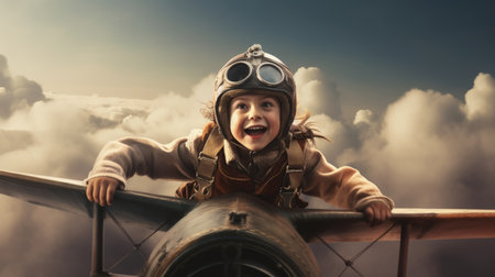 Aviator boy, excited, flying above clouds in the sky. Generative AI image weber.の素材