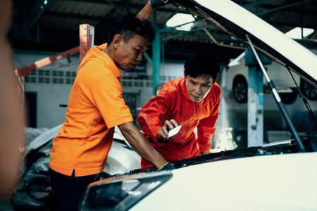 Automotive service mechanic inspect and diagnose car engine issue, repairing and fixing problem in garage workshop. Technician car care maintenance working on internal components of vehicle. Oxusの写真素材