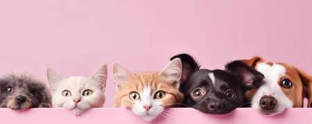 Dogs and Cats, peeking over the clear solid blue top line, petshop banner, happy, smile, funny. Generative AI image weber.の素材