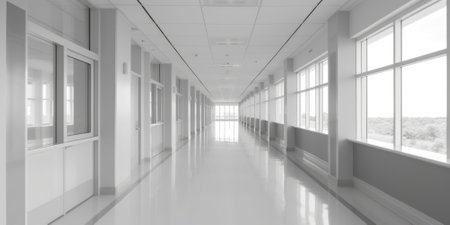 Hospital corridor with windows, in the style of bokeh, light gray, bauhaus, light white, skillful. Generative AI image weber.の素材
