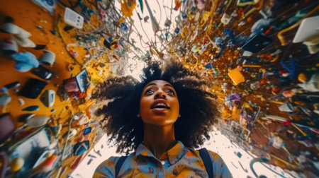 Overwhelming information data explode out of head of young human brain, too much media, too much information, maximalism, news, social media addiction. Generative AI image weber.の素材