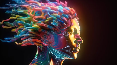 A humanoid robot with color swirling brain motion trails, concept of art, psychology, creativity, imagination, dreams. Generative AI image weber.の素材