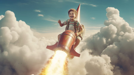 A boy, excited, flying the rocket above clouds in the sky. Generative AI image weber.の素材