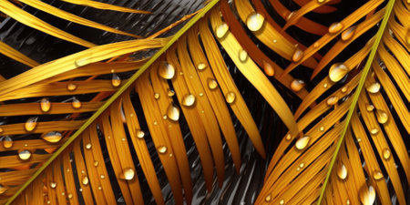 Dark Gold palm leaves dramatic photo effect background, realism, realistic, hyper realistic. Generative AI image weber.の素材