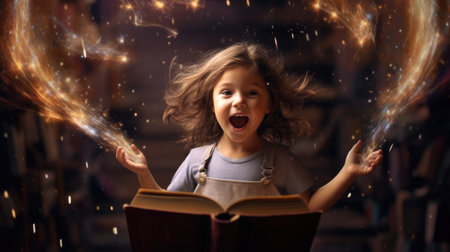 Girl excited with an opened magical book with wave of astral magical elements flowing out. Generative AI image weber.の素材