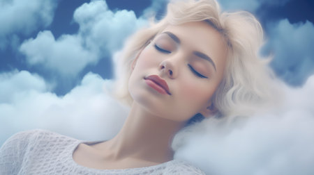 Close up portrait woman sleeping, floating on sea of cloud in the sky. Generative AI image weber.の素材
