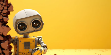 Cute robot toy peeking out of a hole in wall, torn hole, empty copy space frame, mockup. Generative AI image weber.の素材