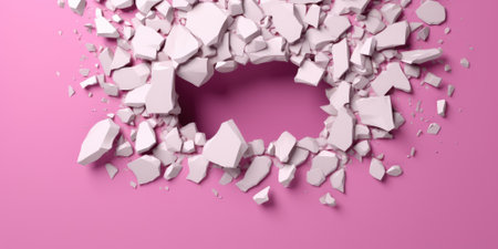 Breaking out of a hole in solid Pink wall, torn hole, empty copy space frame, mockup. Generative AI image weber.の素材