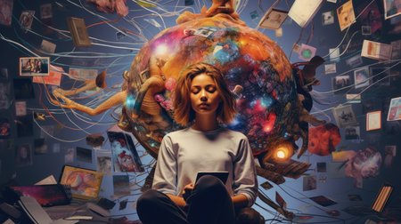 Overwhelming information data explode out of head of young human brain, too much media, too much information, maximalism, news, social media addiction. Generative AI image weber.の素材
