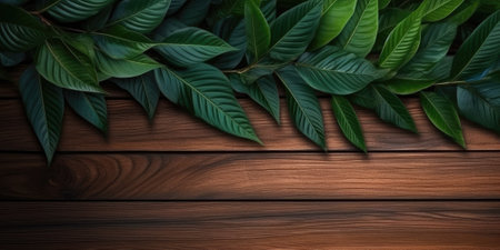 Flat lay photo brown wooden and green leaf around it, copy space background. Generative AI image weber.の素材