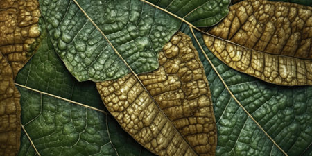 Dry Gold Green leaves Surface textured background, realism, realistic, hyper realistic. Generative AI image weber.の素材