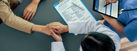 Doctor show medical diagnosis report and providing compassionate healthcare consultation, holding...
