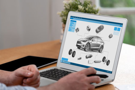 Car design engineer analyze car prototype for automobile business at home office. Automotive engineering designer carefully analyze, finding flaws and improvement for car design with laptop Synchronosの写真素材