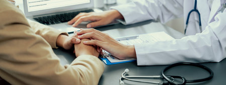 Doctor show medical diagnosis report and providing compassionate healthcare consultation while holding young patient hand for being supportive and professional in doctor clinic office. Neotericの写真素材