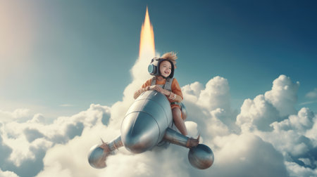 A Girl, excited, flying the rocket above clouds in the sky. Generative AI image weber.の素材
