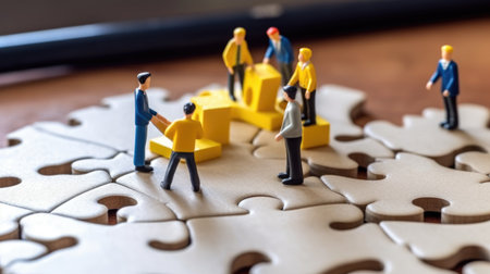 Miniature business people connecting many puzzle, top view, concept of teamwork. Generative AI image weber.の素材