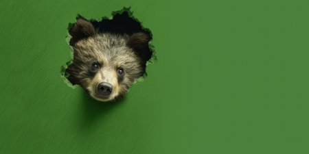 Cute Bear peeking out of a hole in wall, torn hole, empty copy space frame, mockup. Generative AI image weber.の素材
